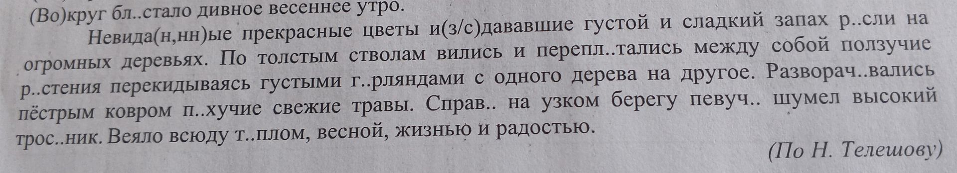 Фото задания: (Во)круг бл..стало дивное весеннее утро. Невида(н, нн)ые прекрасные цветы и(з/с)дававшие густой и сладкий запах р..сли на…