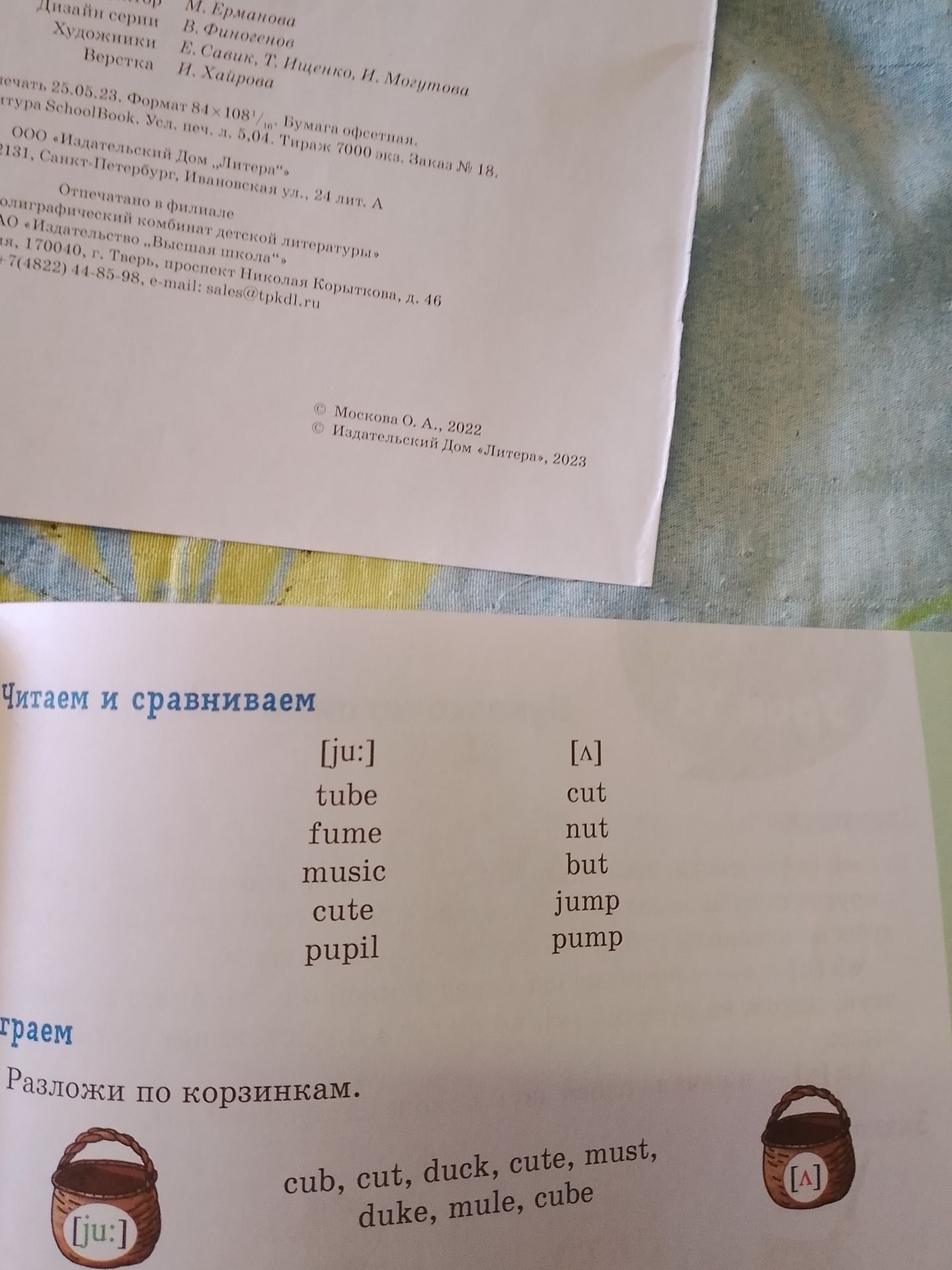 Фото задания: What words are listed below the instruction "Разложи по корзинкам."? There are two baskets with labels. The first basket…