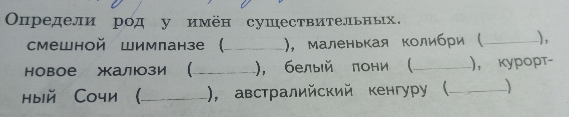 Фото задания: Определи род у имён существительных. смешной шимпанзе ( ), маленькая колибри ( ), новое жалюзи ( ), белый пони ( ), курорт-…