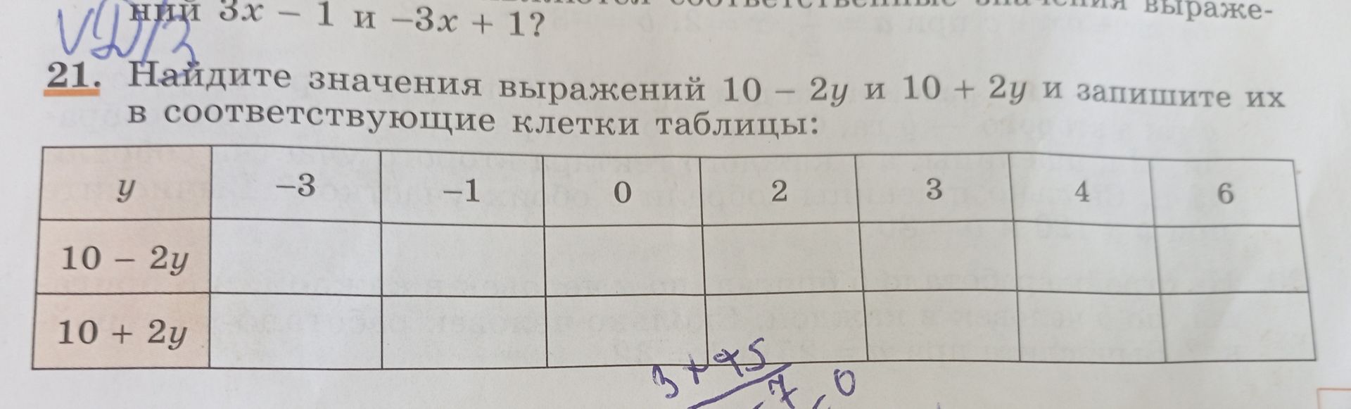 Фото задания: 21. Найдите значения выражений 10 - 2y и 10 + 2y и запишите их в соответствующие клетки таблицы: