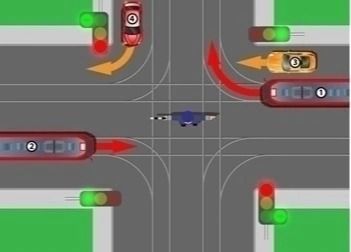 Фото задания: What are the traffic light indications and vehicle movements depicted in the image?
