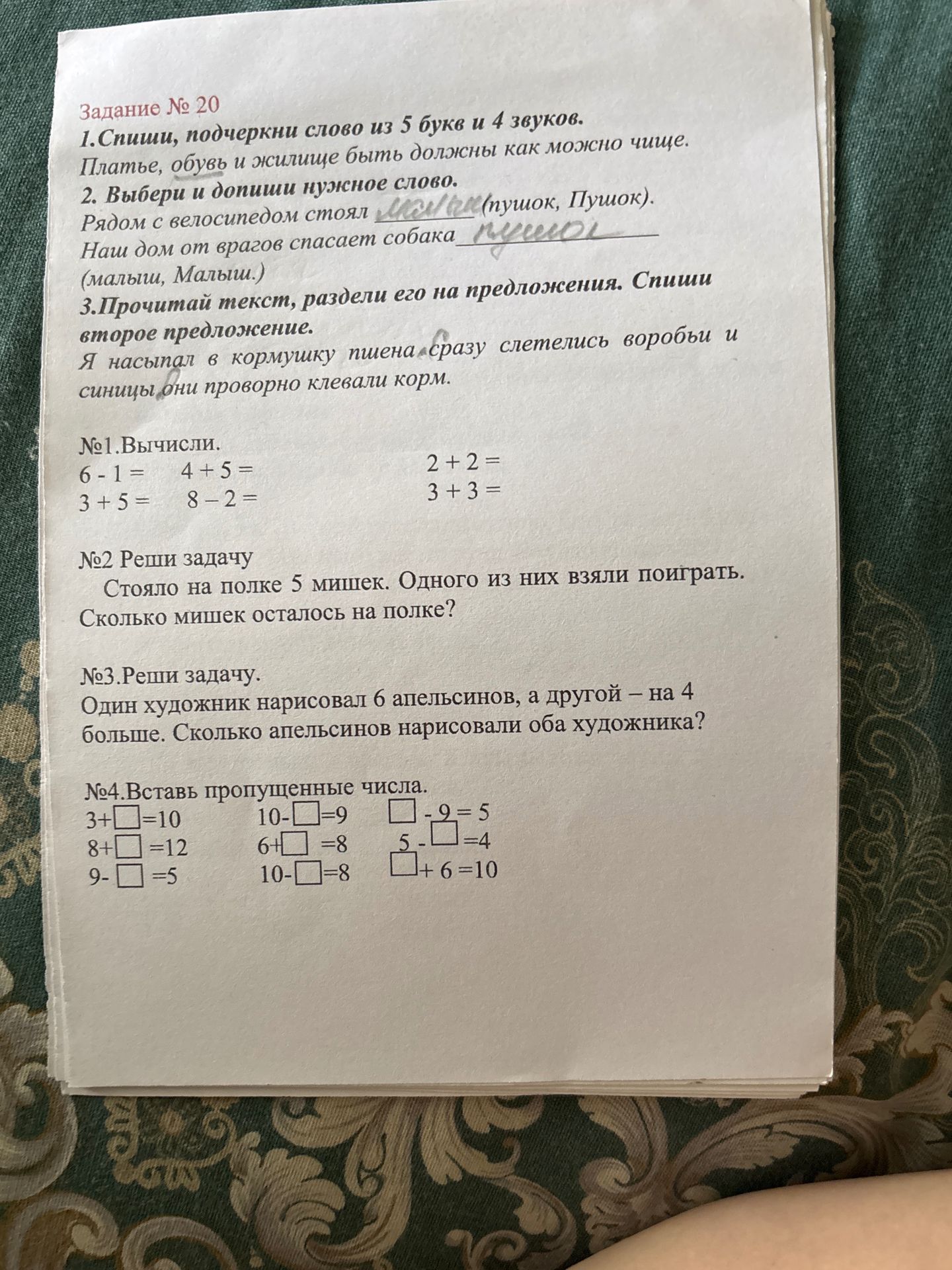 Фото задания: 2. Выбери и допиши нужное слово. Рядом с велосипедом стоял ... (пушок, Пушок). Наш дом от врагов спасает собака ... (малыш,…