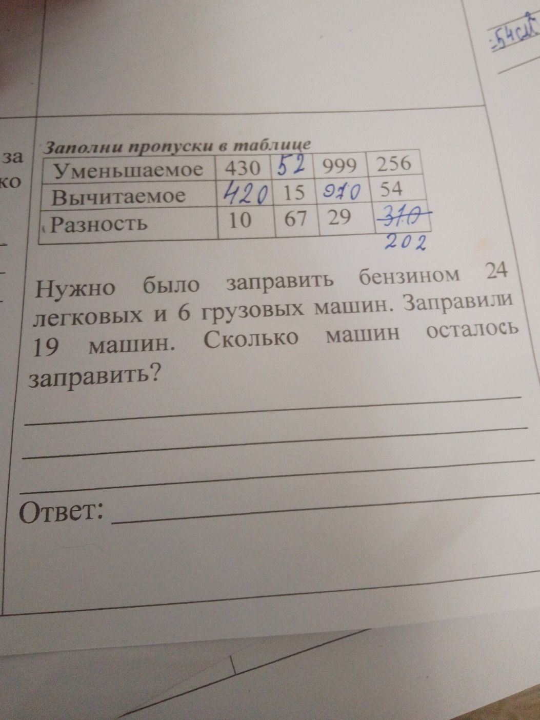Фото задания: Заполни пропуски в таблице: Уменьшаемое Вычитаемое Разность