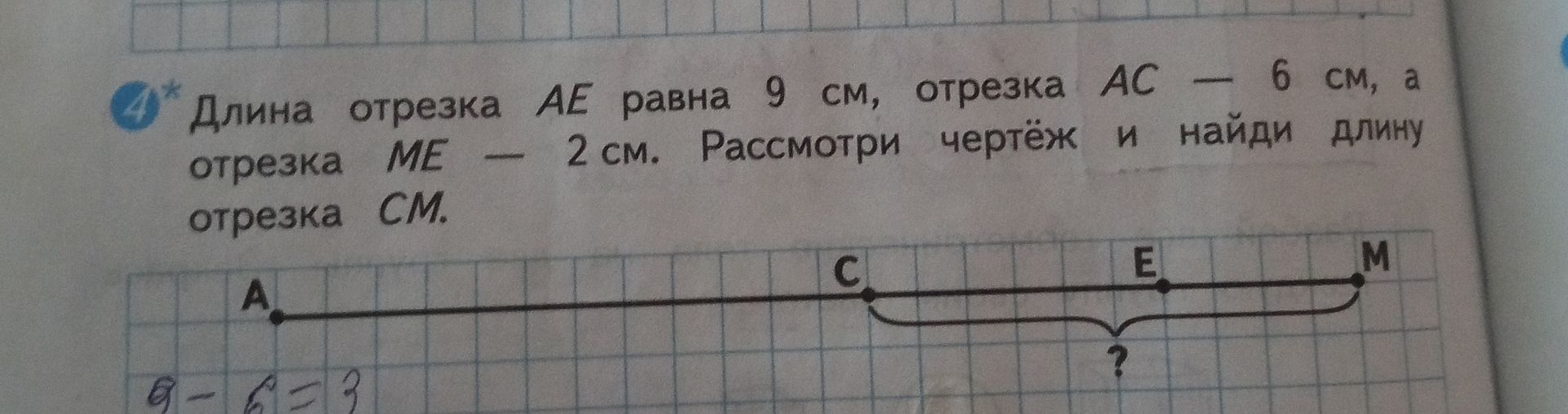 Фото задания: Длина отрезка АЕ равна 9 см, отрезка АС – 6 см, а отрезка МЕ – 2 см. Рассмотри чертёж и найди длину отрезка СМ.