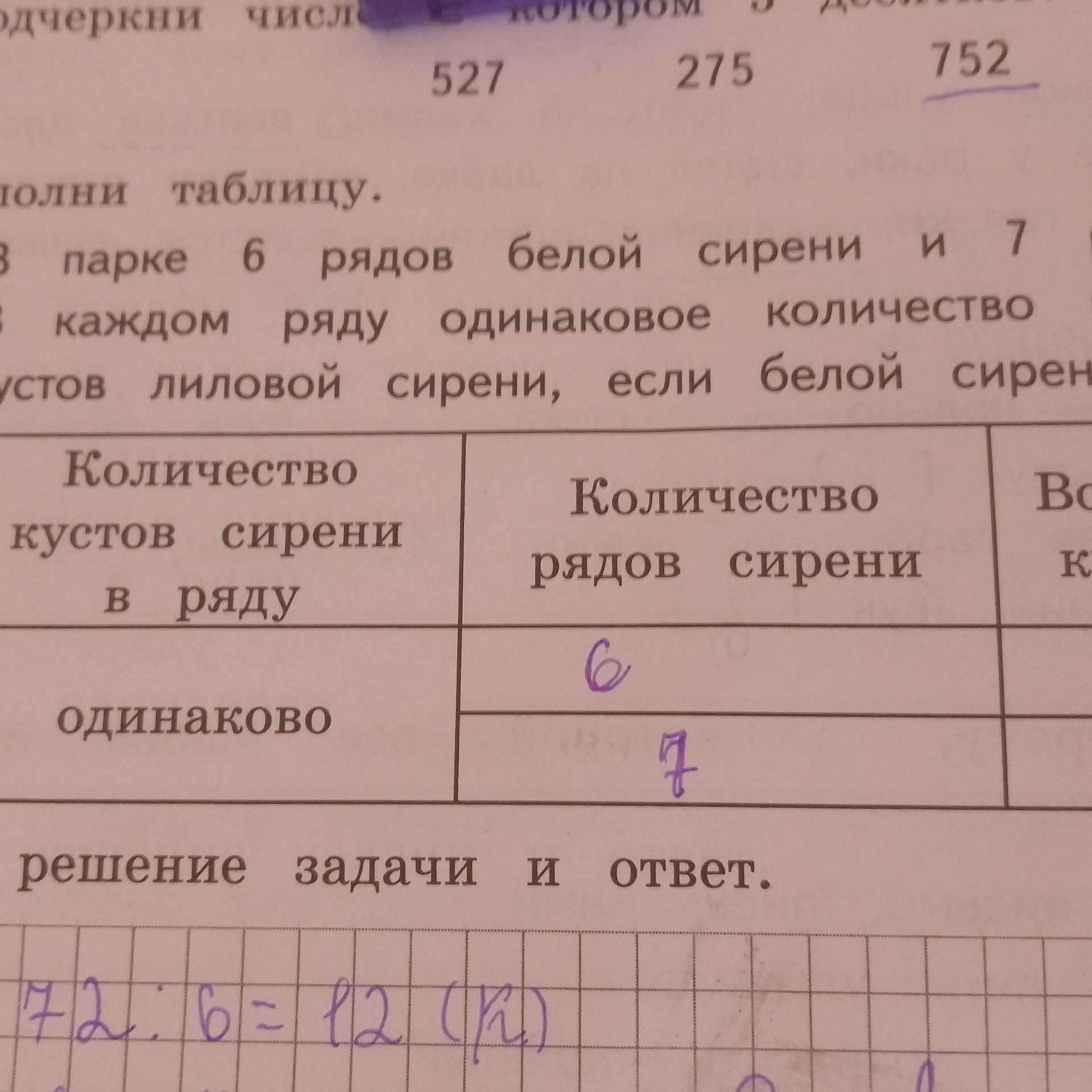 Фото задания: В парке 6 рядов белой сирени и 7 рядов лиловой сирени. В каждом ряду одинаковое количество кустов сирени. Заполни таблицу:…