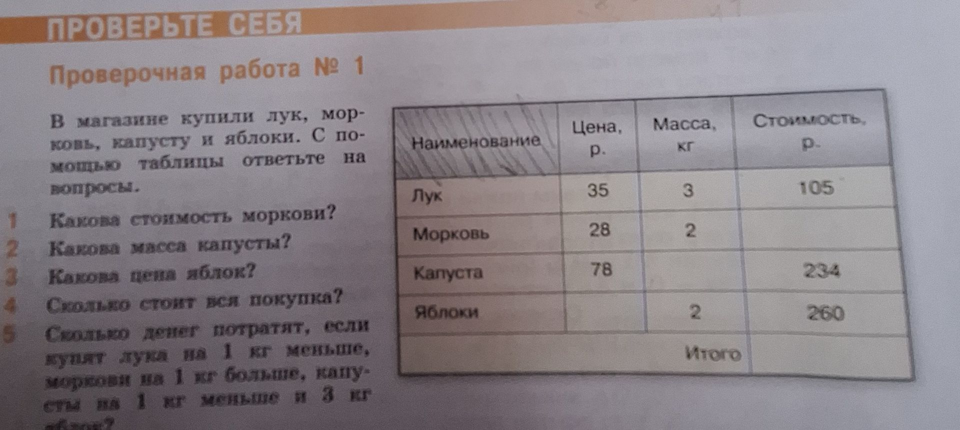 Фото задания: Сколько денег потратят, если купят лука на 1 кг меньше, моркови на 1 кг больше, капусты на 1 кг меньше и 3 кг яблок?