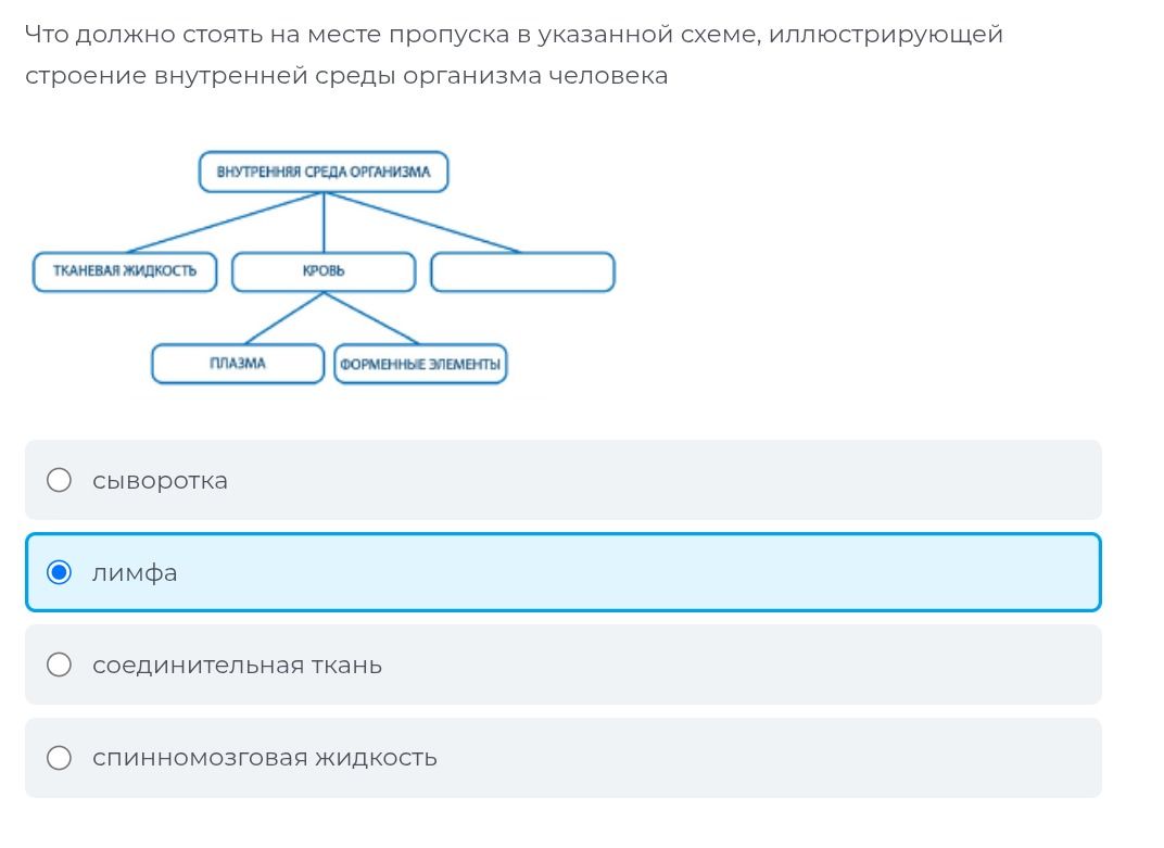 Фото задания: Что должно стоять на месте пропуска в указанной схеме, иллюстрирующей строение внутренней среды организма человека