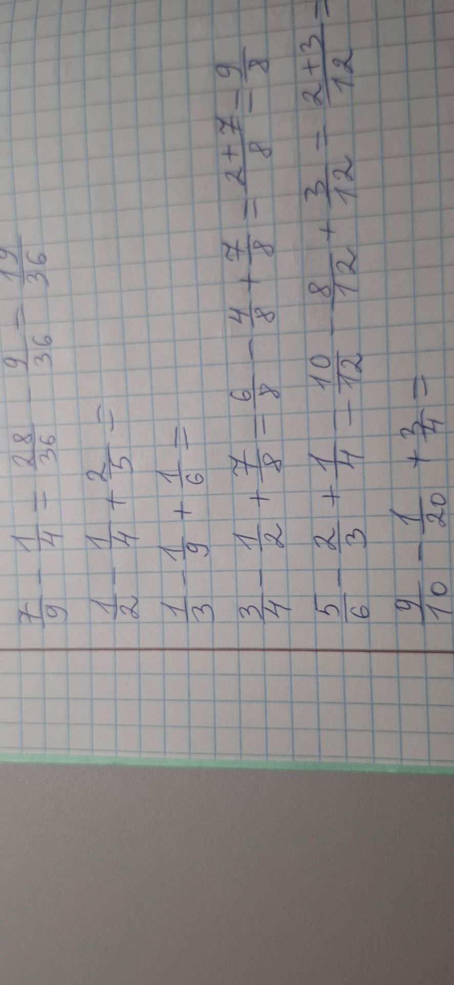 Фото задания: Solve the following fraction problems: 1/9 1/2 1/3 3/4 5/6 9/10 1/4 2/5 1/6 7/8 1/4 2/3 7/10 1/20 28/36 19/36 2+7/8 4/8 6/8…