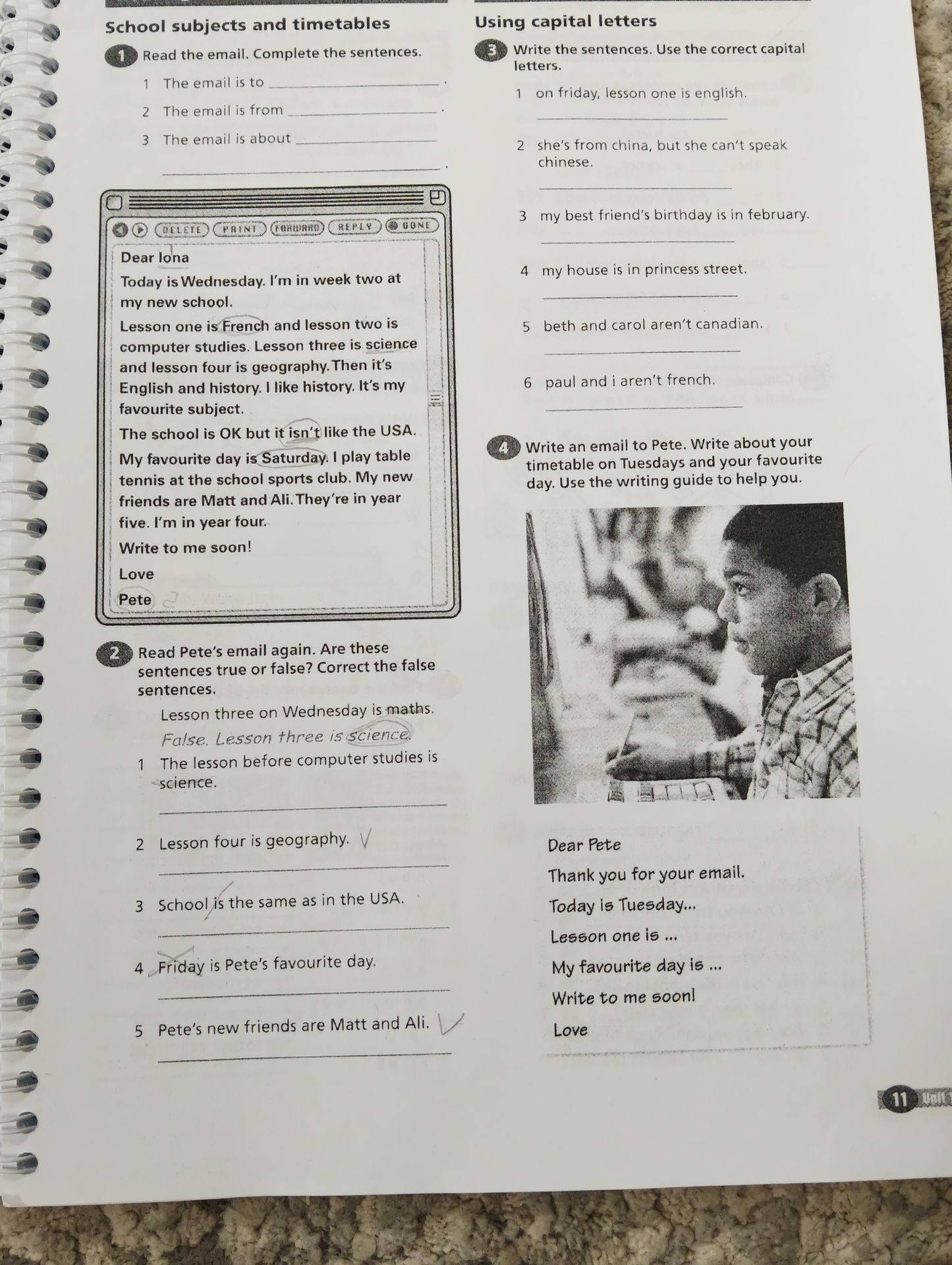 Фото задания: 4 Write an email to Pete. Write about your timetable on Tuesdays and your favourite day. Use the writing guide to help you.