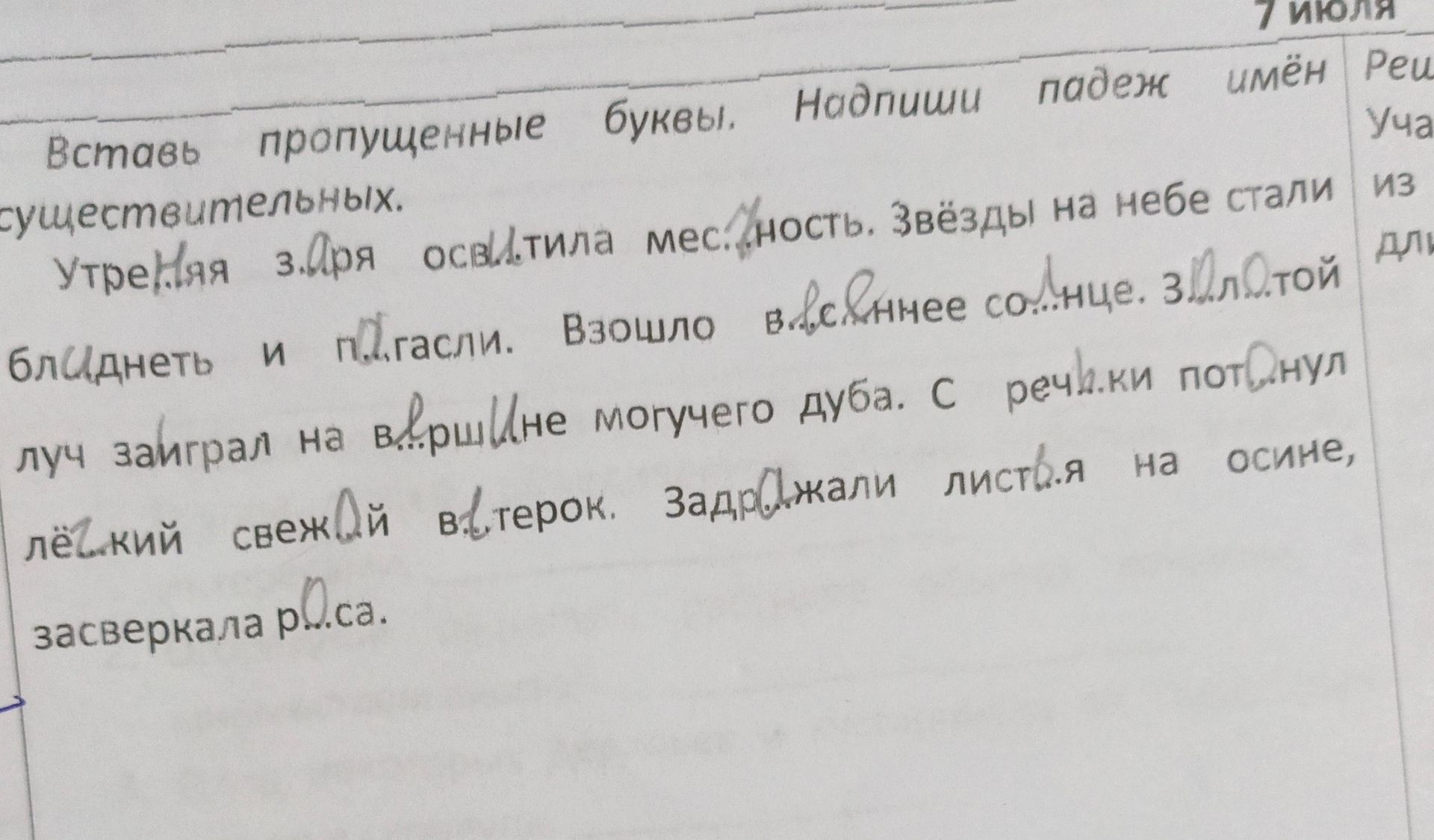 Фото задания: Вставь пропущенные буквы. Надпиши падеж имён существительных. Утренняя заря осветила местность. Звёзды на небе стали бледнеть…