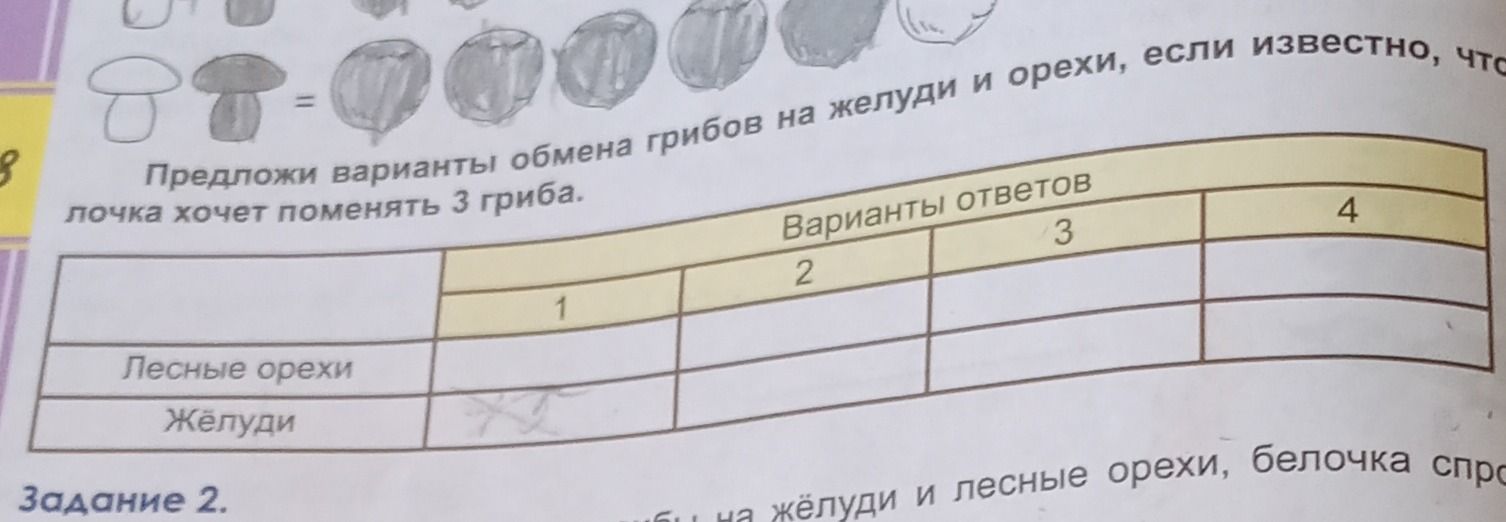 Фото задания: Предложи варианты обмена грибов на желуди и орехи, если известно, что белочка хочет поменять 3 гриба.