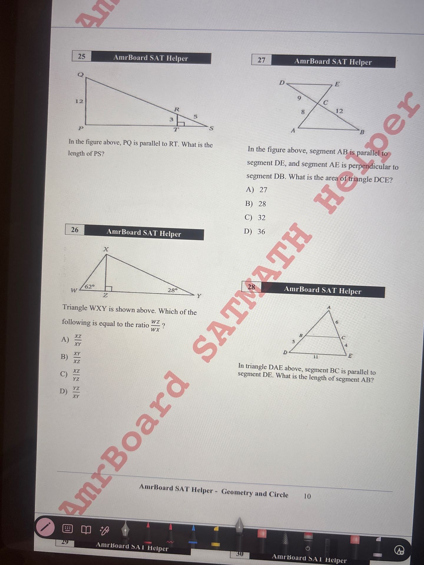 Фото задания: 28. In triangle DAE above, segment BC is parallel to segment DE. What is the length of segment AB?
