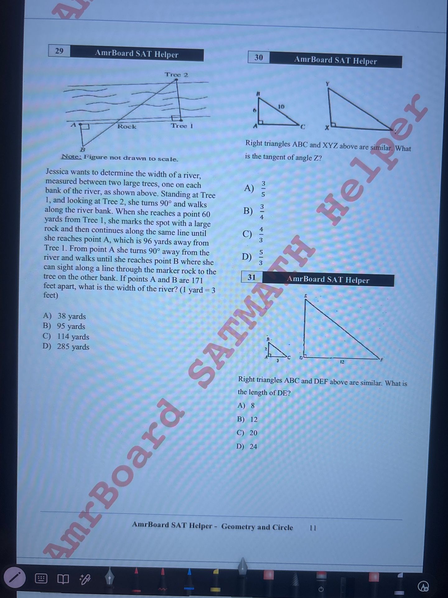 Фото задания: 31. Right triangles ABC and DEF are similar. In triangle ABC, AB = 2 and AC = 3. In triangle DEF, DF = 12. What is the length…