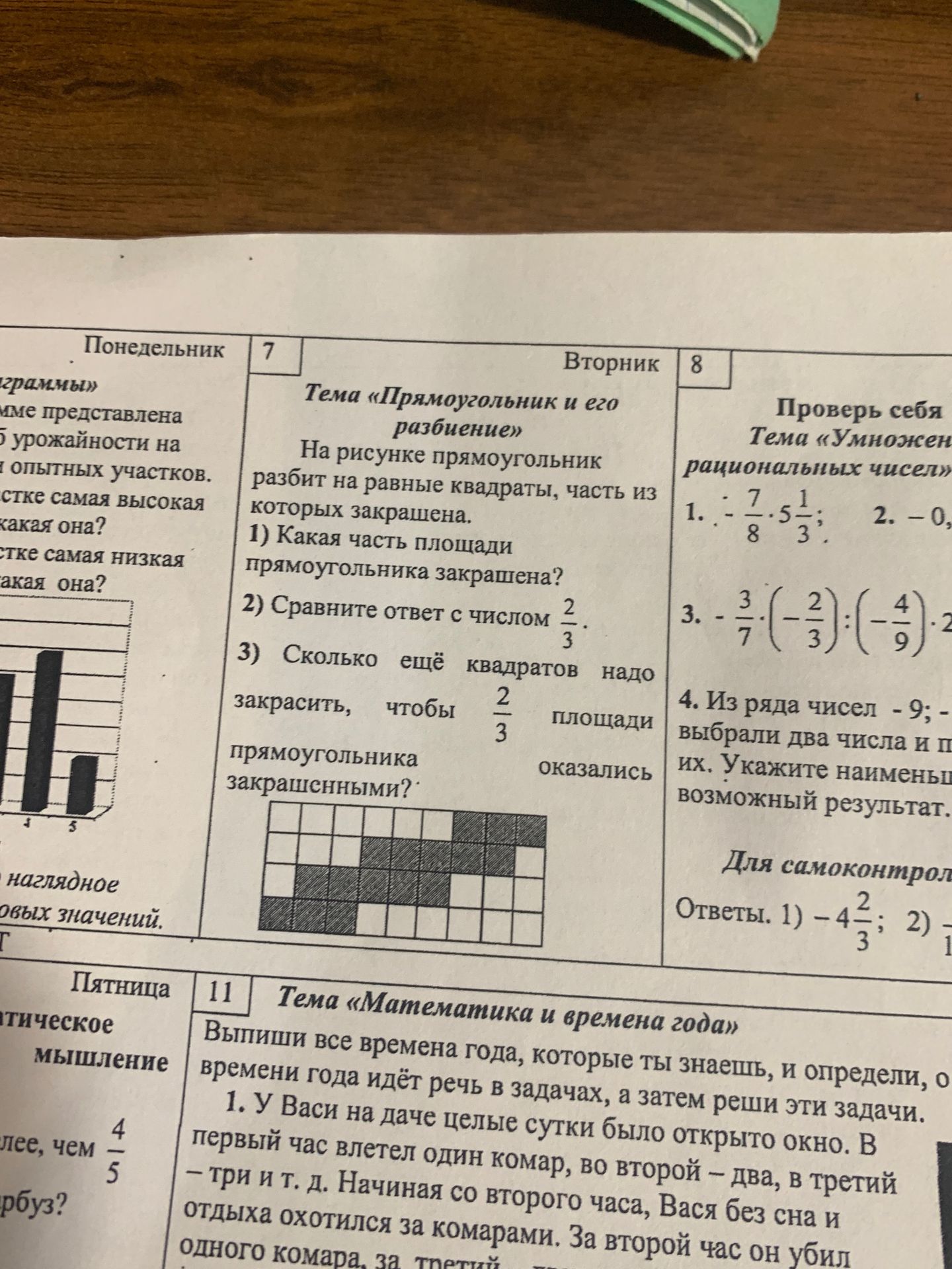 Фото задания: На рисунке прямоугольник разбит на равные квадраты, часть из которых закрашена. 1) Какая часть площади прямоугольника…