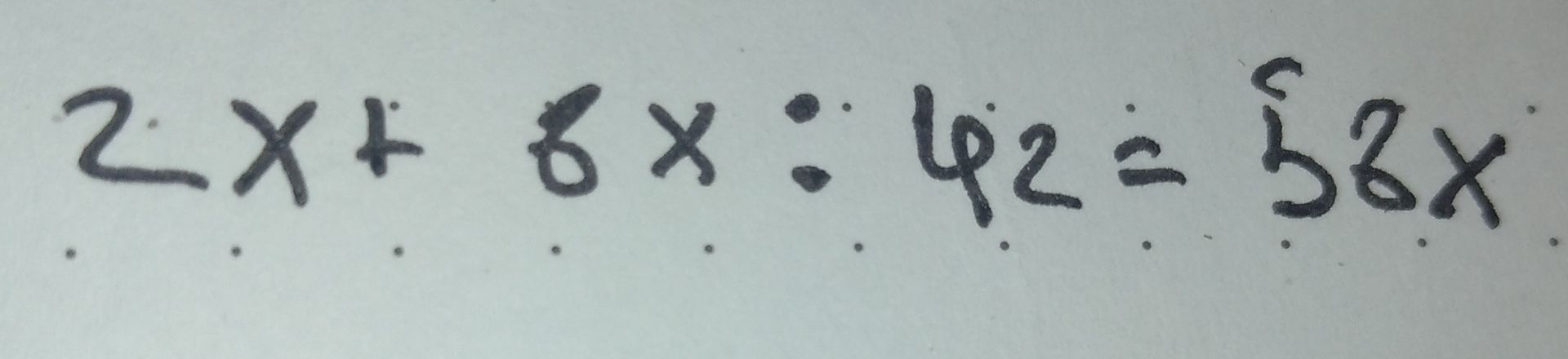 Фото задания: Решите уравнение: 2x + 8x · 4? = 58x. На изображении второй множитель, вероятно, записан как 4, но знак после него читается…