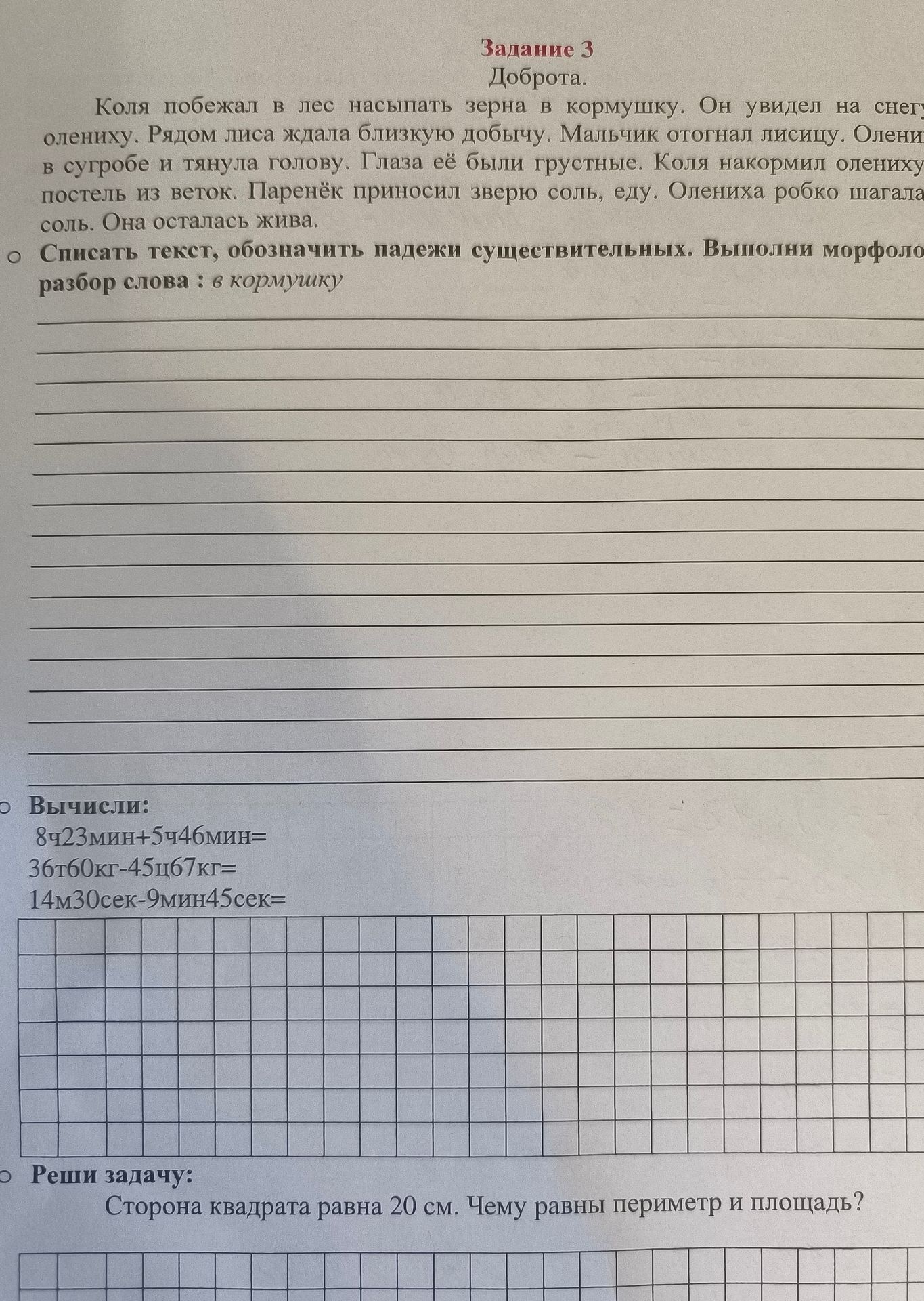 Фото задания: Списать текст, обозначить падежи существительных. Выполнить морфологический разбор слова «с кормушку» на фото.
