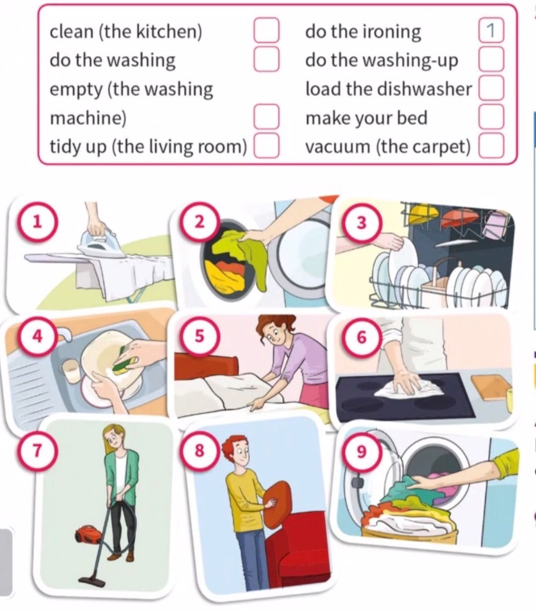Фото задания: Match the household chores with pictures 1–9.