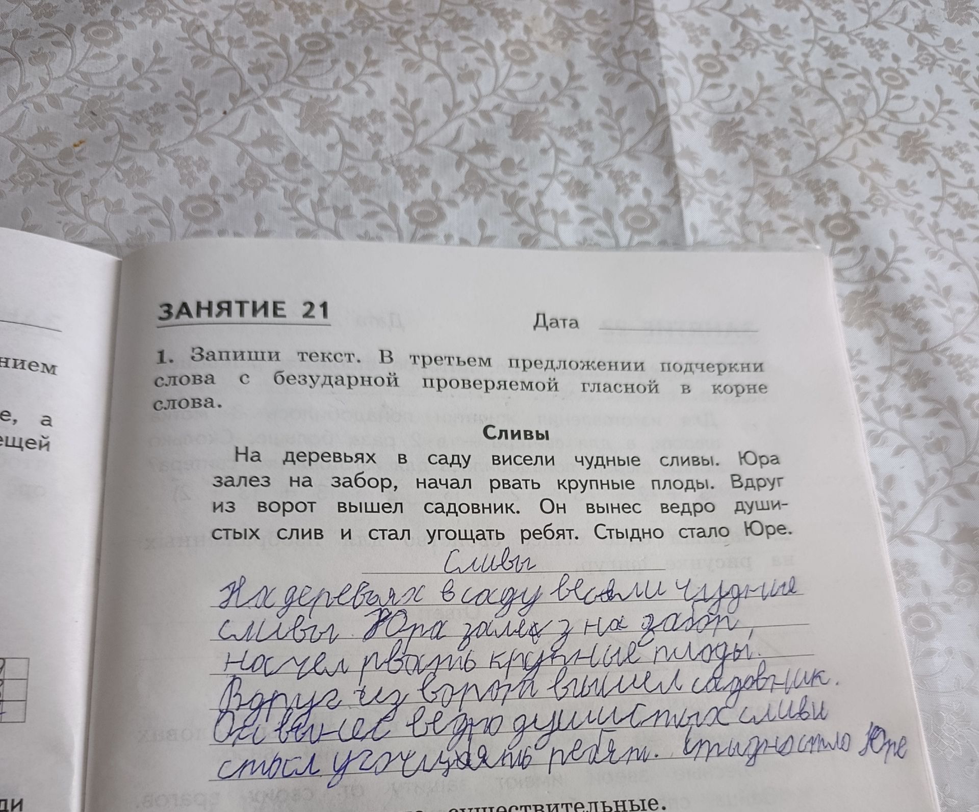Фото задания: Запиши текст. В третьем предложении подчеркни слова с безударной проверяемой гласной в корне слова.