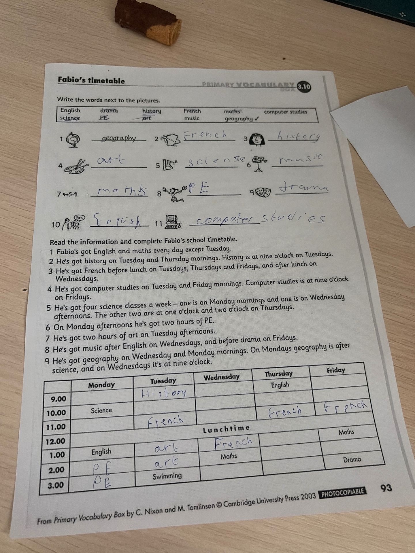 Фото задания: Fabio’s timetable: write the words next to the pictures and complete the timetable.