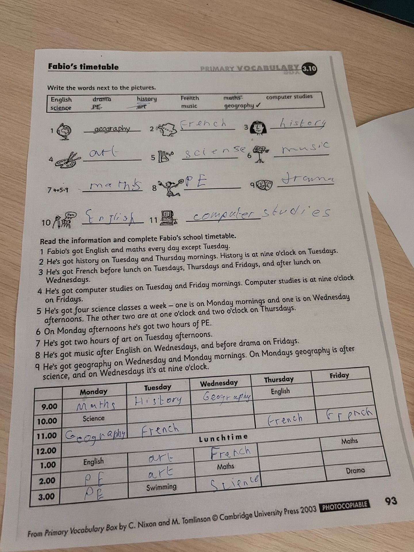 Фото задания: Complete Fabio’s school timetable.