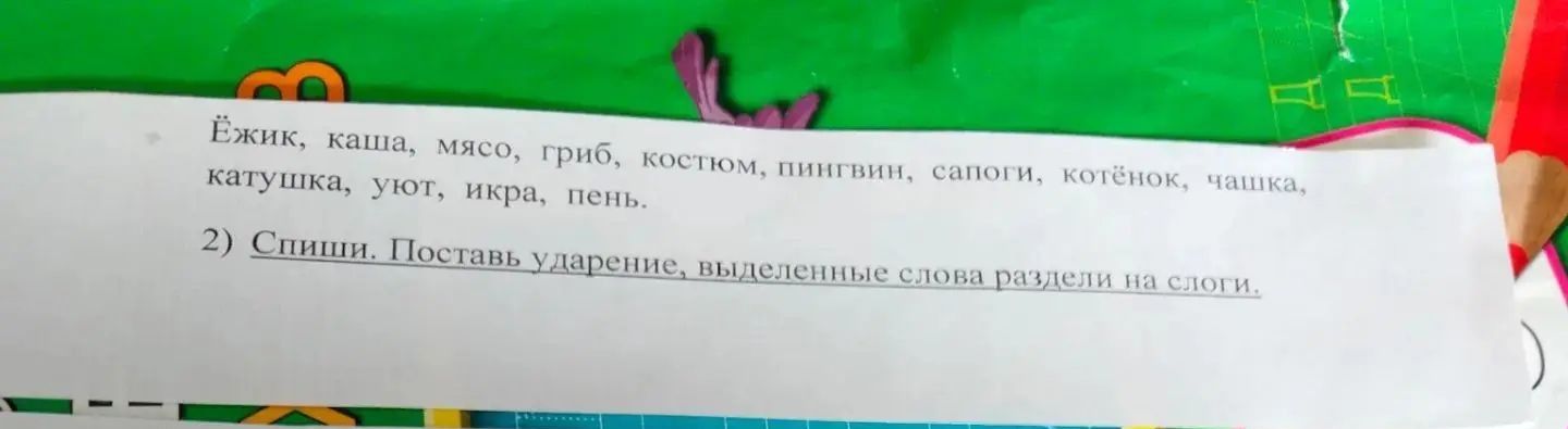 Фото задания: Спиши. Поставь ударение. Выделенные слова раздели на слоги: ёжик, каша, мясо, гриб, костюм, пингвин, сапоги, котёнок,…