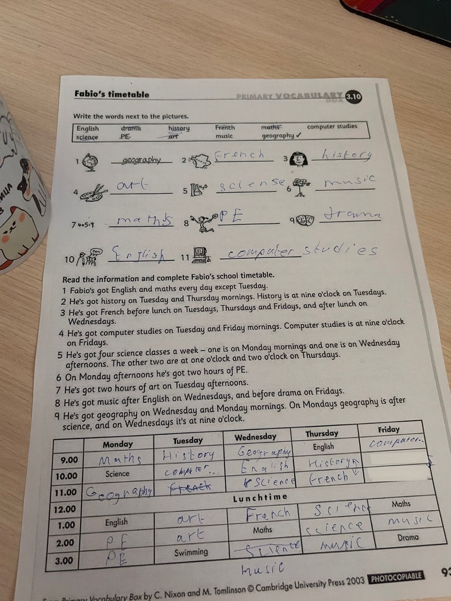 Фото задания: Read the information and complete Fabio's school timetable.