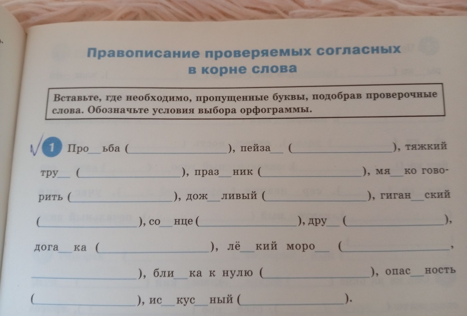 Фото задания: Вставьте пропущенные буквы, подберите проверочные слова и обозначьте условия выбора орфограмм.