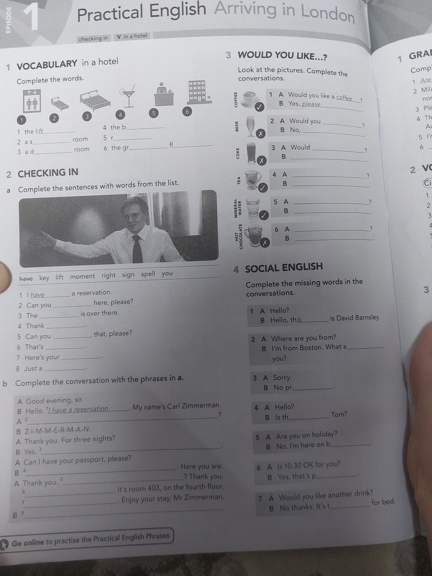 Фото задания: Complete all visible exercises on the page: Vocabulary in a hotel, Checking in, Would you like...?, and Social English.