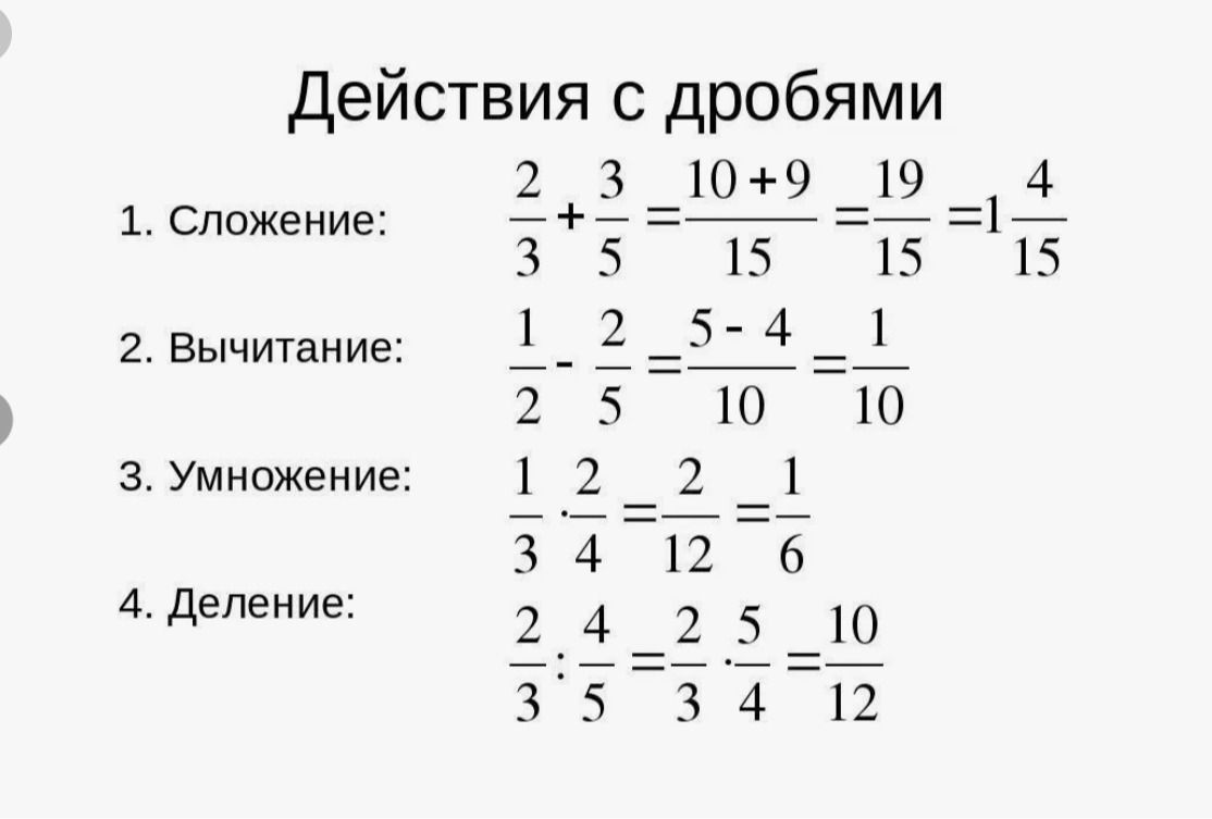 Фото задания: Выполнить действия с дробями: сложение, вычитание, умножение и деление.