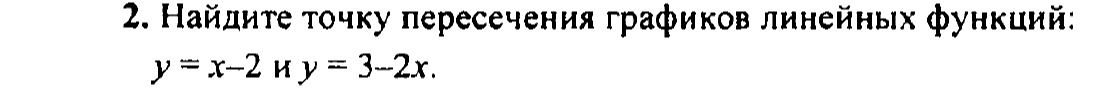 Фото задания: Найдите точку пересечения графиков линейных функций: y = x − 2 и y = 3 − 2x.