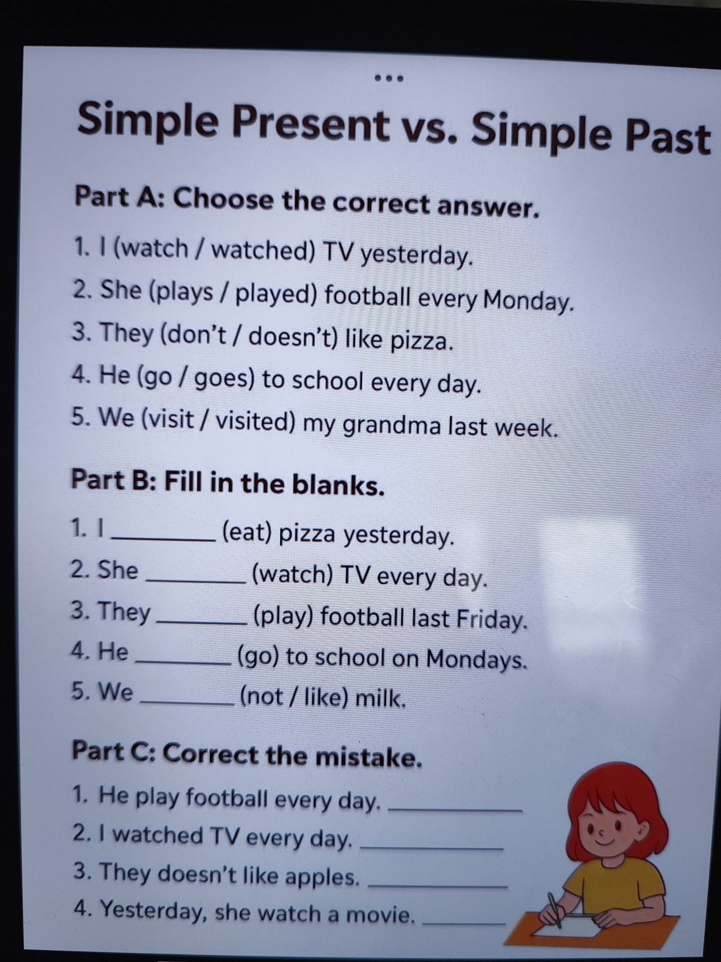 Фото задания: Solve all visible exercises on the worksheet: Simple Present vs. Simple Past.