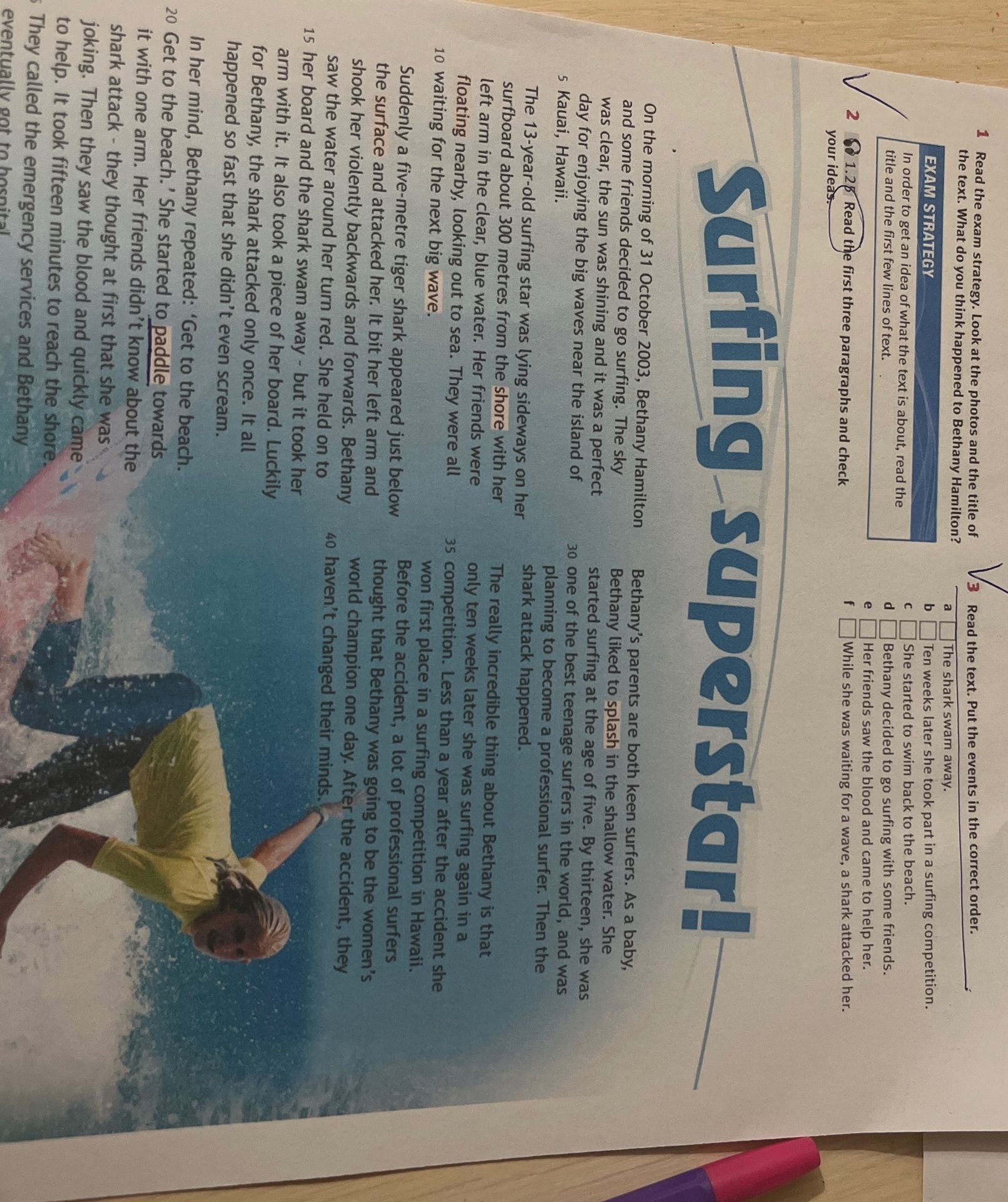 Фото задания: Read the text. Put the events in the correct order: a The shark swam away. b Ten weeks later she took part in a surfing…
