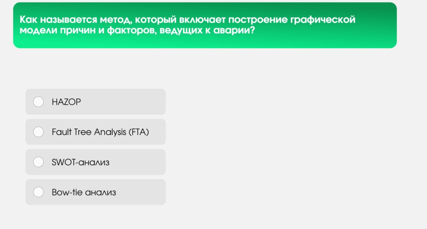 Фото задания: Как называется метод, который включает построение графической модели причин и факторов, ведущих к аварии?