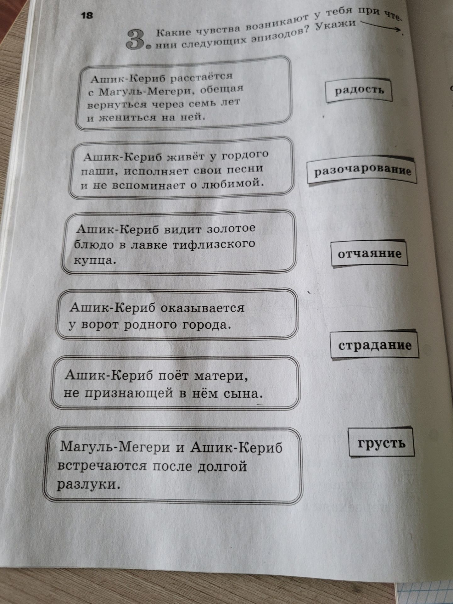 Фото задания: Какие чувства возникают у тебя при чтении следующих эпизодов из сказки «Ашик-Кериб»? Укажи соответствие между эпизодами и…