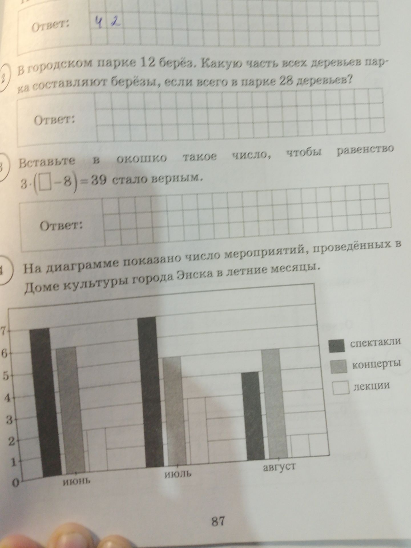 Фото задания: По диаграмме определить число спектаклей, концертов и лекций, проведённых в Доме культуры города Энска в июне, июле и августе.