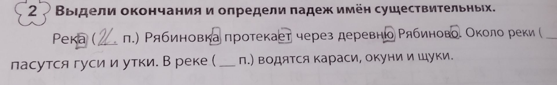 Фото задания: Выдели окончания и определи падеж имён существительных: «Река Рябиновка протекает через деревню Рябиново. Около реки…