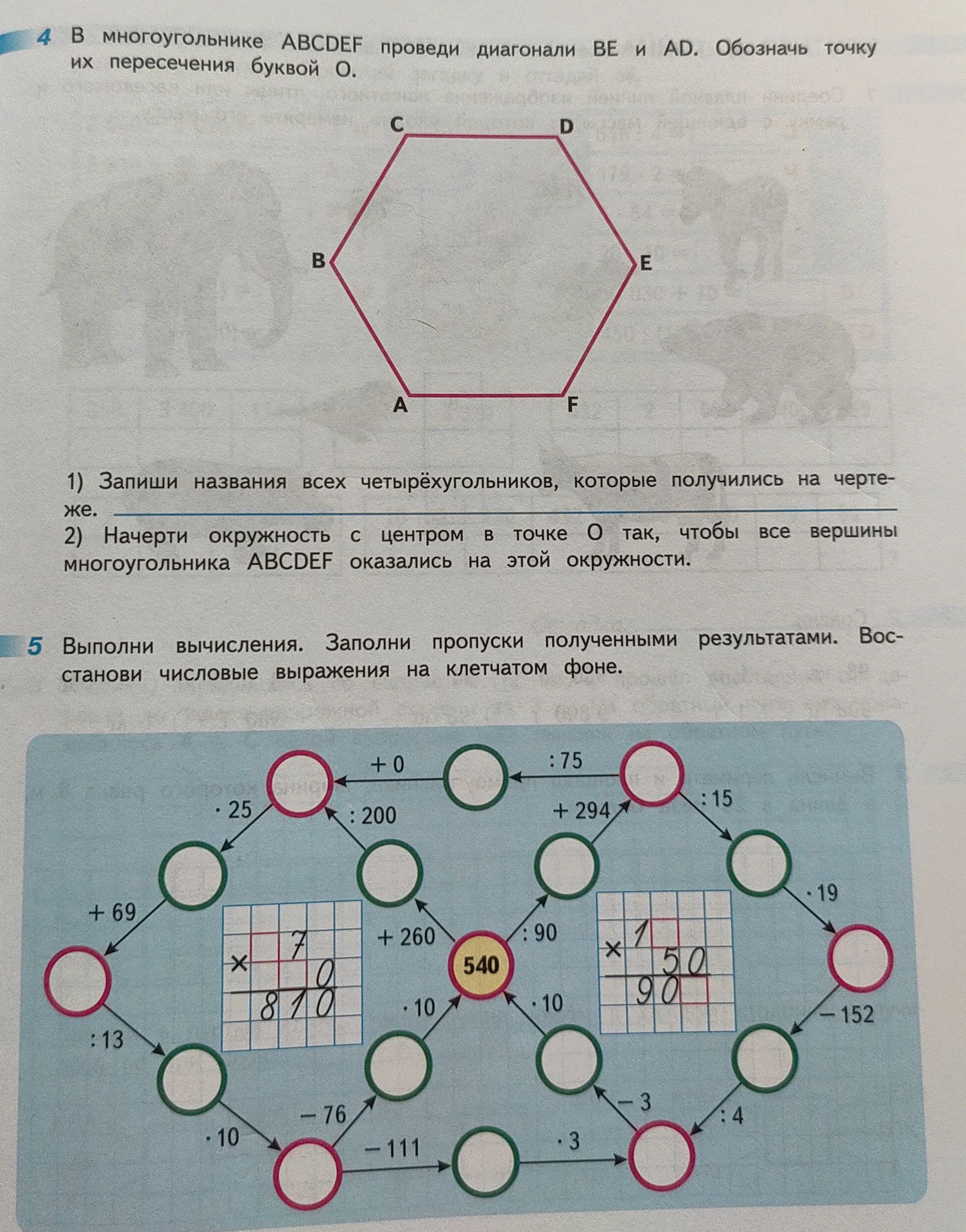 Фото задания: В многоугольнике ABCDEF проведи диагонали BE и AD. Обозначь точку их пересечения буквой O. Запиши названия всех…