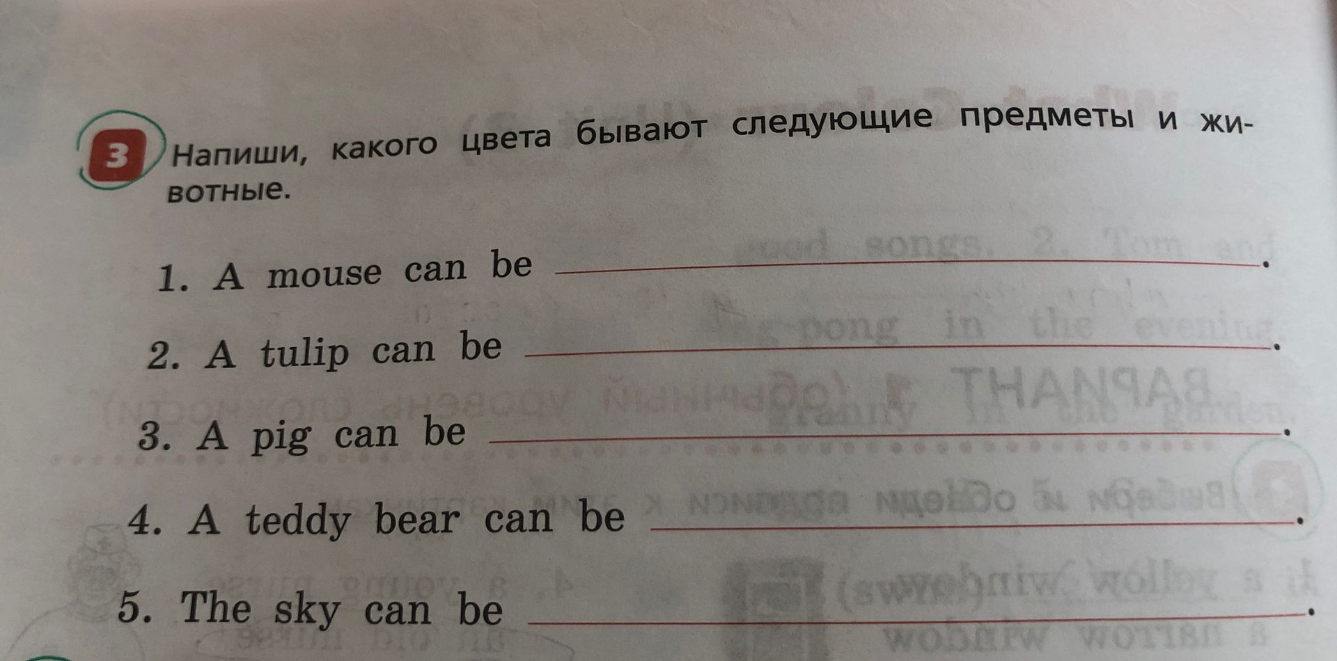 Фото задания: Write what colour the following objects and animals can be: 1. A mouse can be 2. A tulip can be 3. A pig can be 4. A teddy…