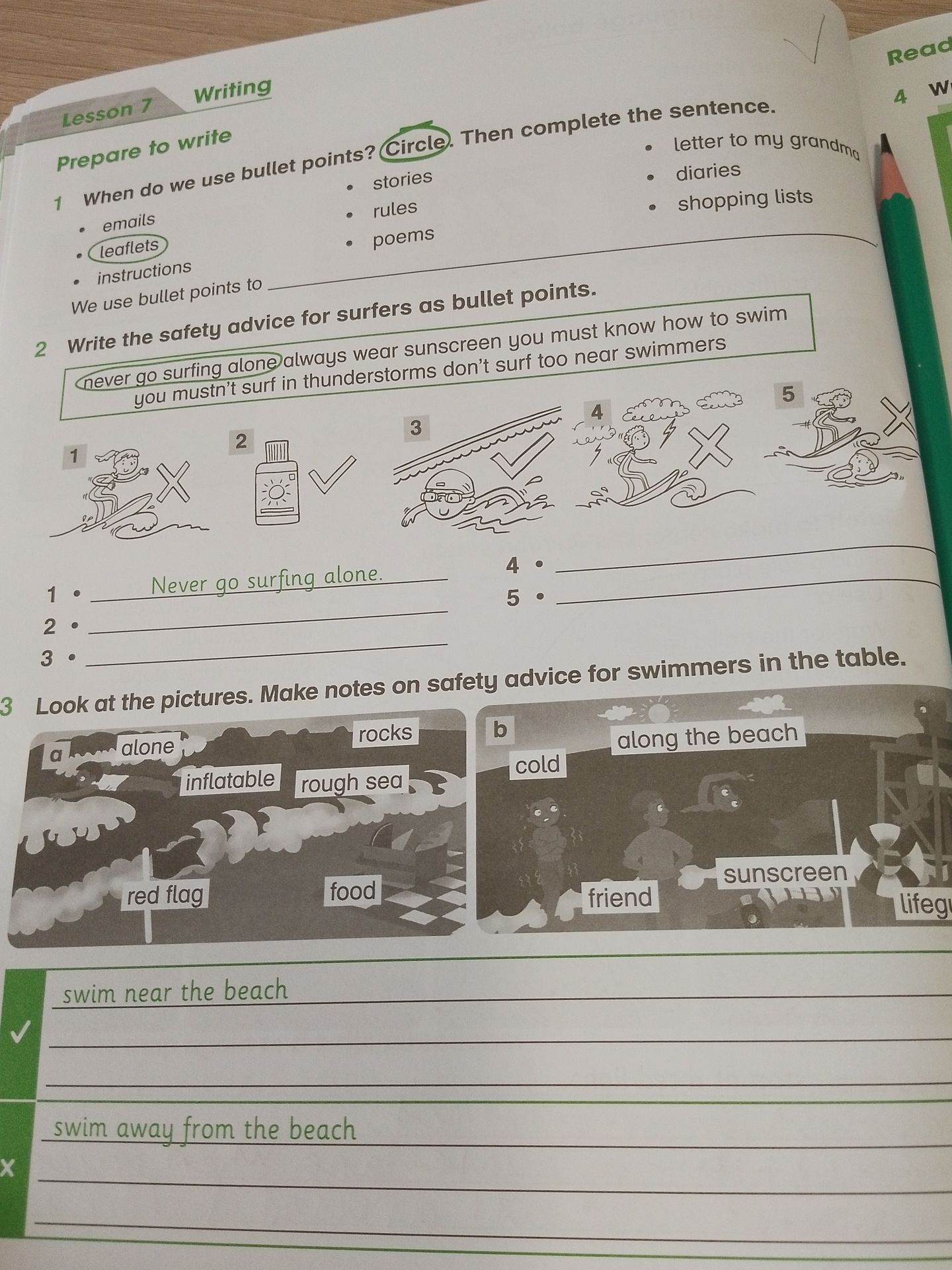Фото задания: 3. Look at the pictures. Make notes on safety advice for swimmers in the table.