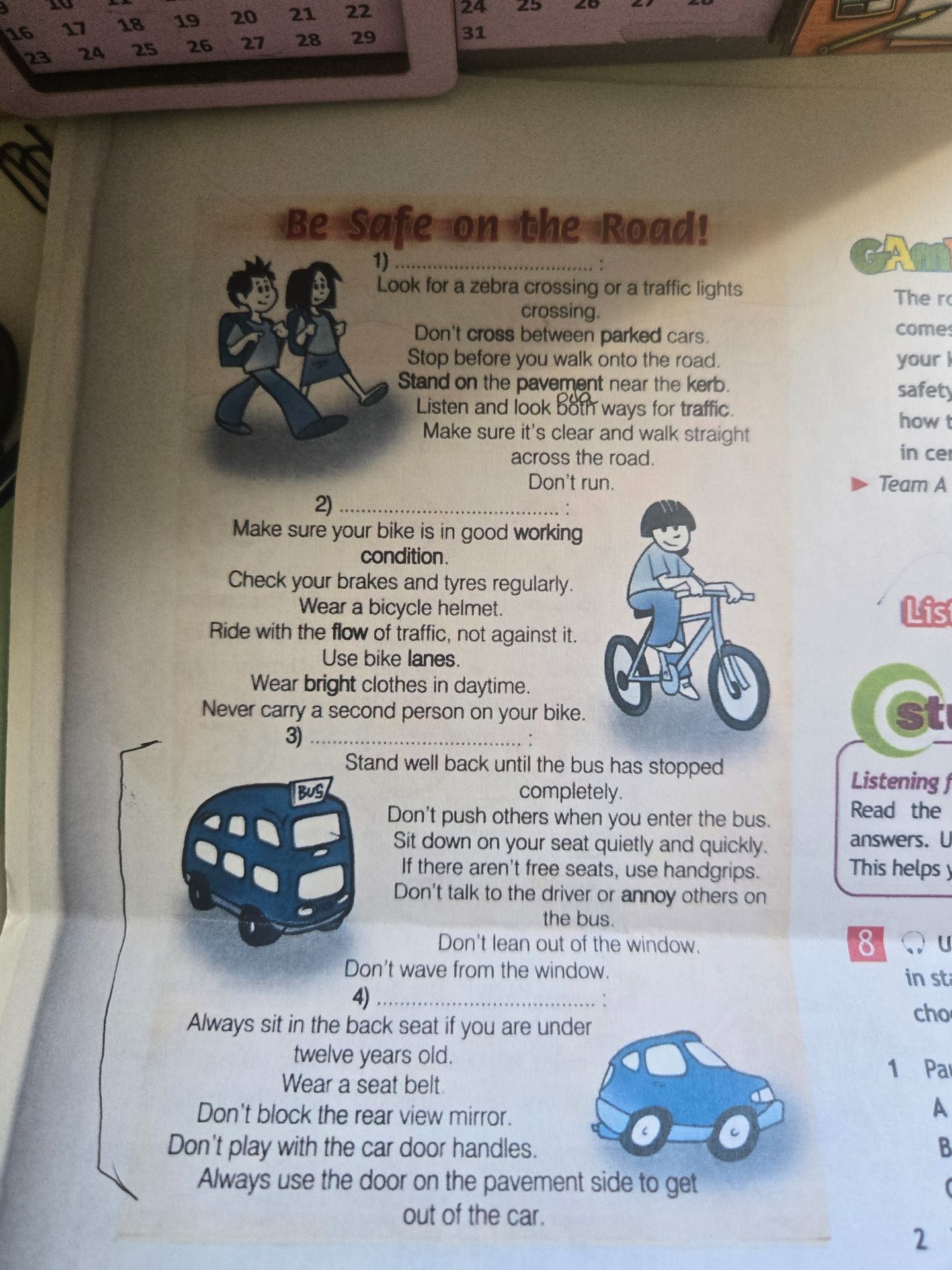Фото задания: Fill in the headings for sections 1–4 of the text “Be Safe on the Road!”.