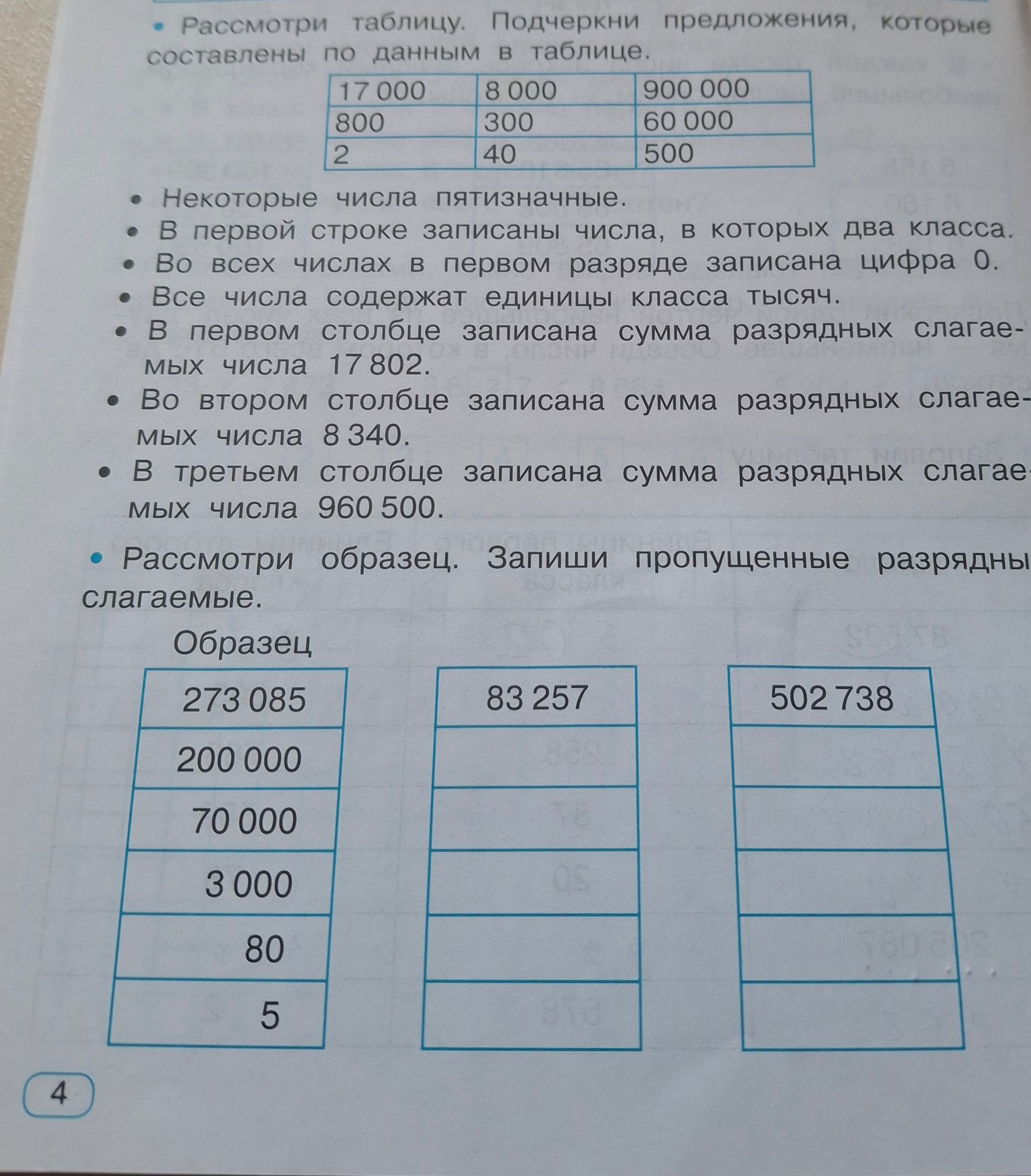 Фото задания: Запиши пропущенные разрядные слагаемые для чисел 83 257 и 502 738 по образцу.