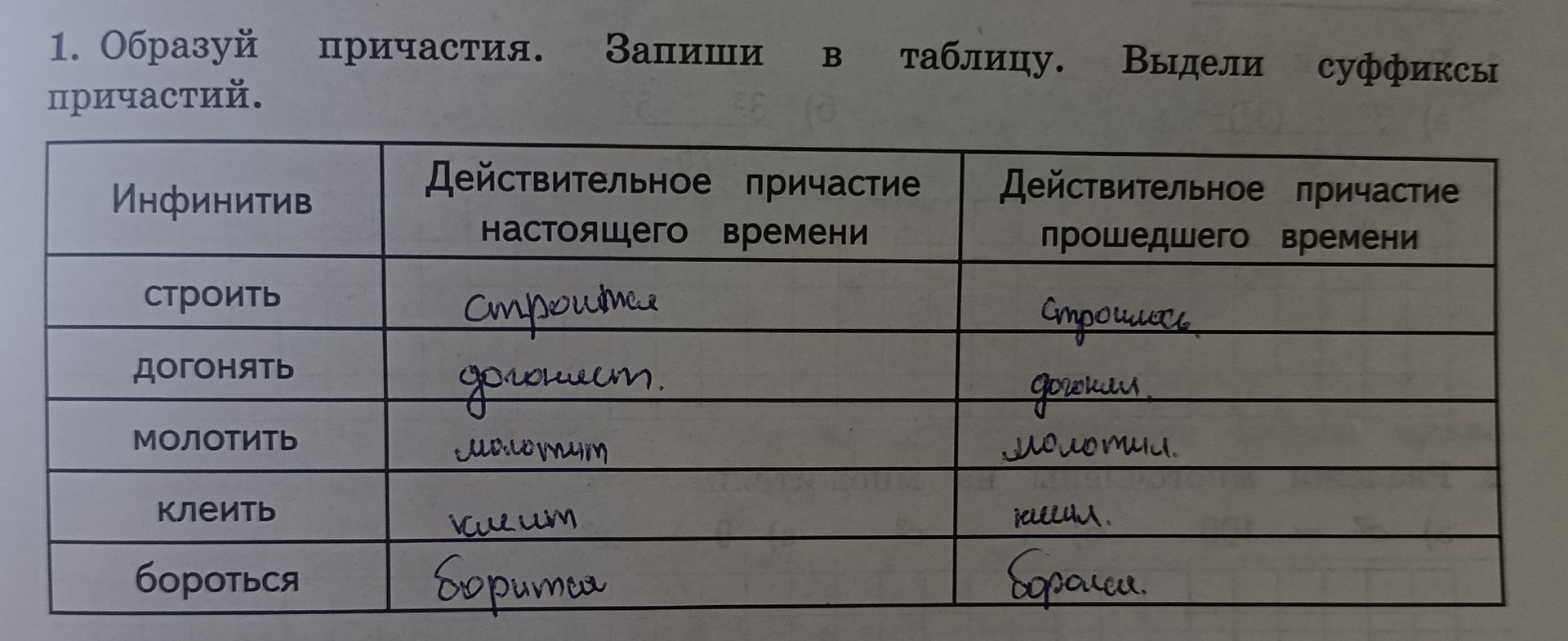 Фото задания: Образуй действительные причастия настоящего и прошедшего времени от глаголов: строить, догонять, молотить, клеить,…