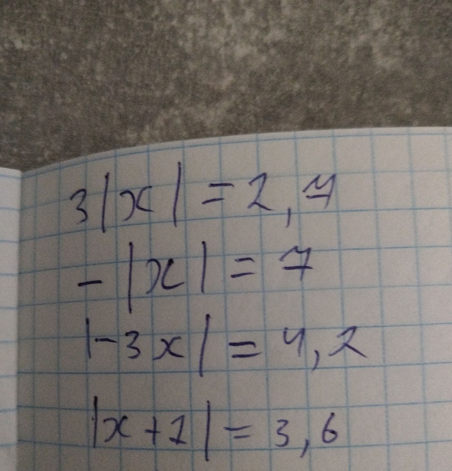 Фото задания: Решить задания с изображения: 3|x| = −2; −|x| = −7; |−3x| = 4; |x + 1| = 3, 6.
