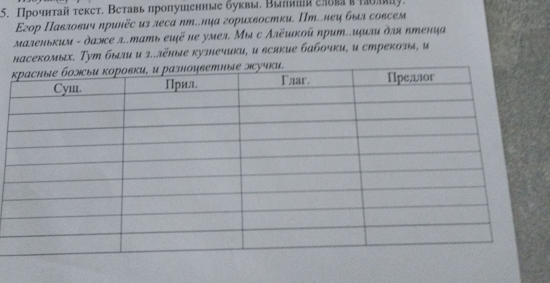 Фото задания: Прочитай текст. Вставь пропущенные буквы. Выпиши слова в таблицу: существительные, прилагательные, глаголы, предлоги.