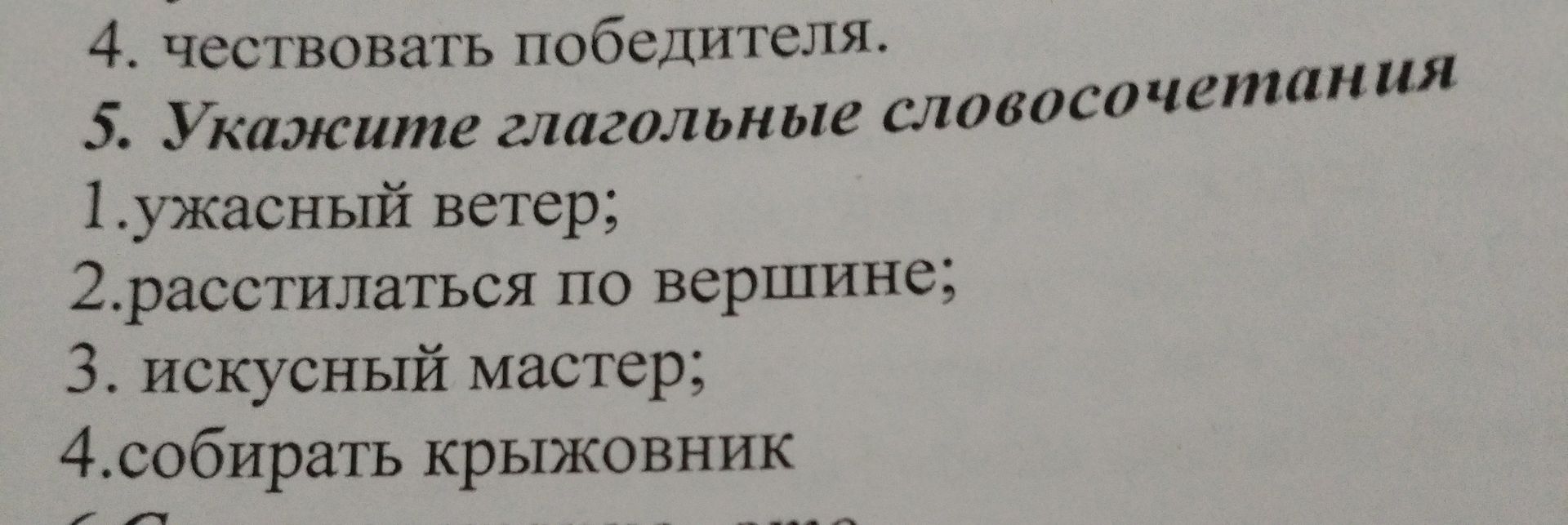 Фото задания: Укажите глагольные словосочетания: 1. ужасный ветер; 2. расстилаться по вершине; 3. искусный мастер; 4. собирать крыжовник.