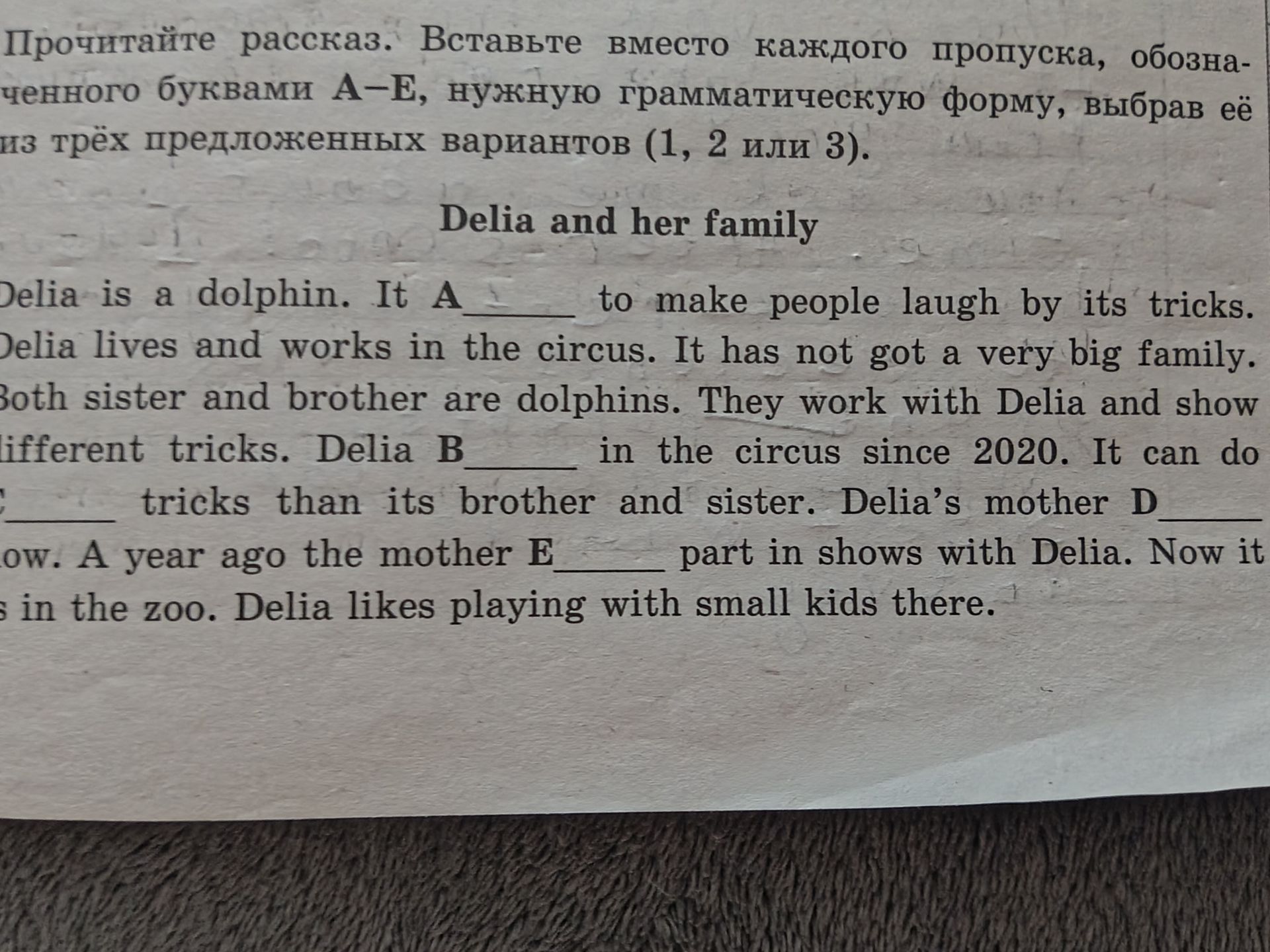 Фото задания: Fill in the blanks A–E in the text about Delia and her family by choosing the correct grammatical form.
