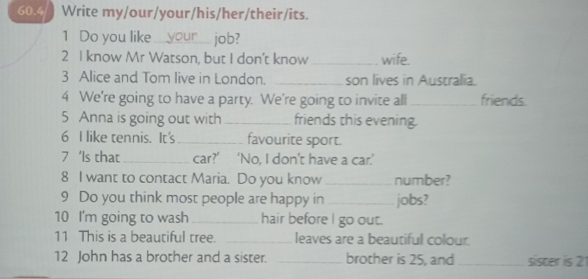 Фото задания: Write my/our/your/his/her/their/its. Fill in the blanks in sentences 1–12.