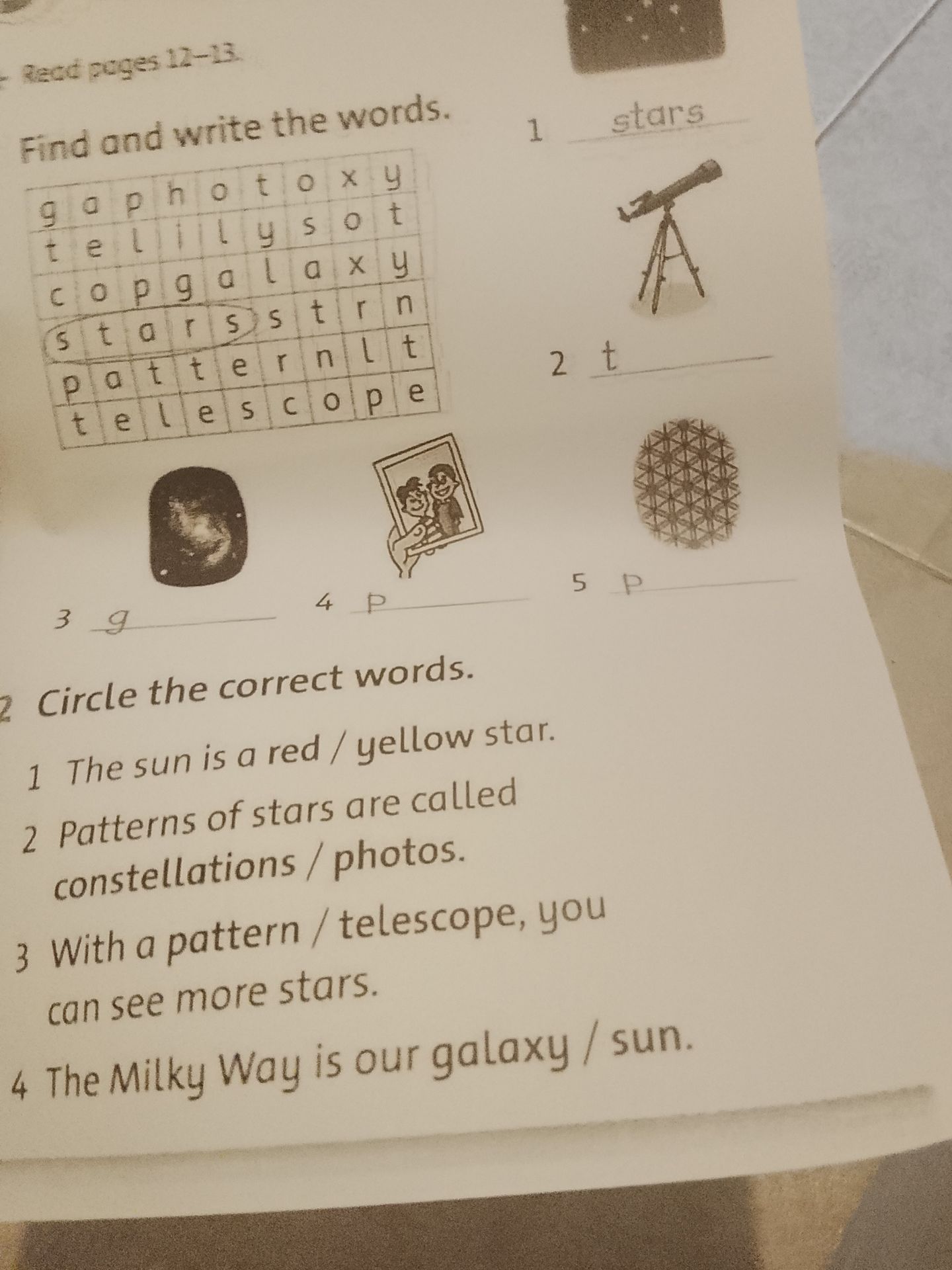 Фото задания: Find and write the words. Then circle the correct words.