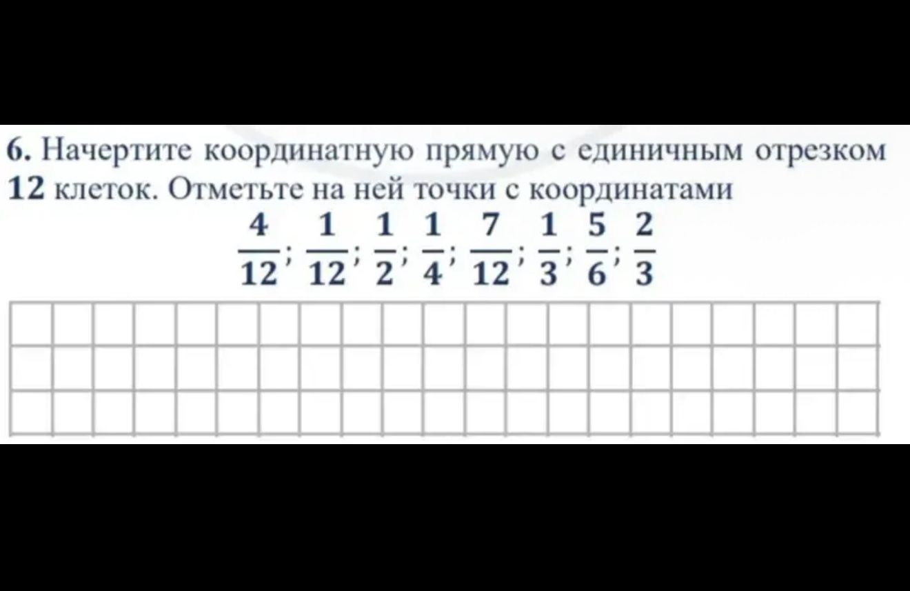 Фото задания: Начертите координатную прямую с единичным отрезком 12 клеток. Отметьте на ней точки с координатами 4/12; 1/12; 1/2; 1/4;…