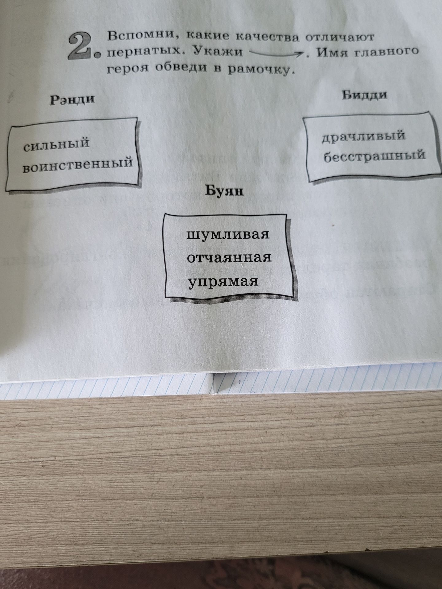 Фото задания: Вспомни, какие качества отличают пернатых. Укажи стрелкой: имя главного героя обведи в рамочку. Герои: Рэнди, Бун, Билли.…